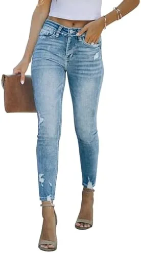 kunmi womens mid waisted skinny ripped jeans slim fit distressed stretchy denim pants