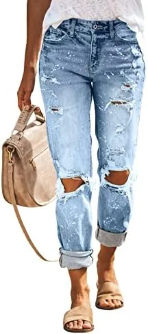 kunmi womens ripped mid waisted boyfriend jeans loose fit distressed stretchy denim pants 1009 blue medium